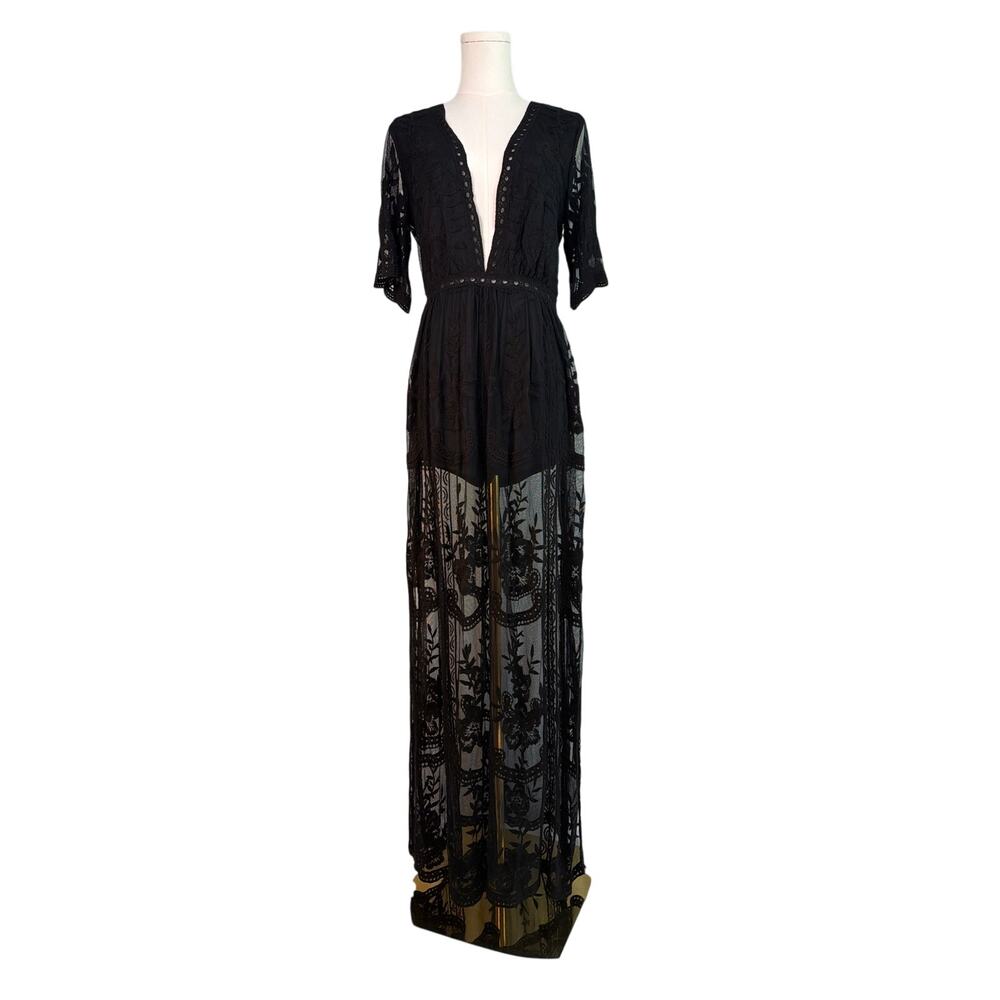 Honey Love Black Sheer Lace Maxi Romper Dress Sz M Goth Whimsigoth Festival EUC
